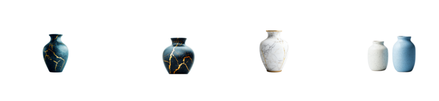 Kintsugi vases collection, repaired, ceramics, japanese art, texture, cut out transparent png