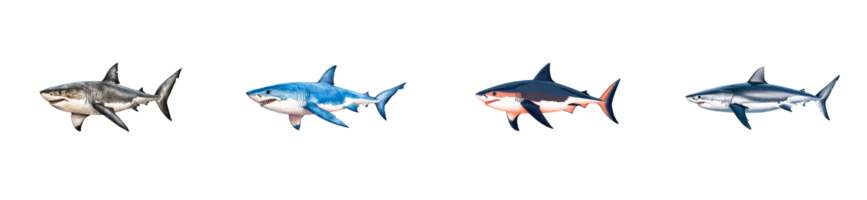 Sharks in a row with different colors, sea predators ,cut out transparent png
