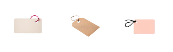 Three tags, different colors, minimalist arrangement and paper texture, cut out transparent png