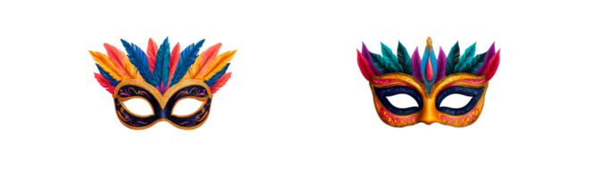Two ornate carnival masks with vibrant feathers, cut out transparent png