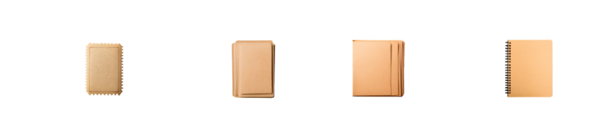 Four kraft blank paper objects standing in row, cut out transparent png