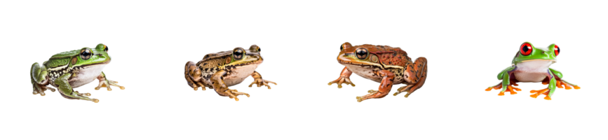 Frogs of different types in a row on a black background, cut out transparent png
