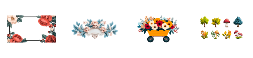 Floral frames and compositions with trees, mushrooms, cut out transparent png