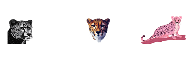 Three Cheetahs in Diverse Styles on Dark Background, cut out transparent png