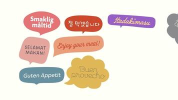 Animated Enjoy Your Meal greetings in multiple languages with colorful speech bubbles. Bon Appetit, Guten Appetit, Itadakimasu and more. Perfect for food multicultural content. video
