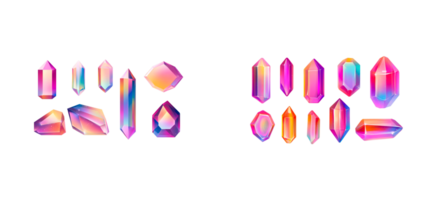 Gemstones collection with shiny iridescent gradient, cut out transparent png