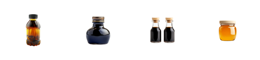 Various oils and sauces in bottles on black background, cut out transparent png