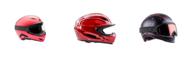 Three modern helmets in red and black colors, isolated against black, cut out transparent png