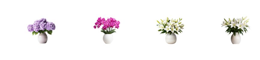 Flower arrangements in white vases on a transparent backdrop png