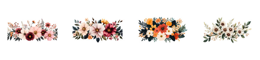 Floral arrangements with colorful blooms on transparent background png