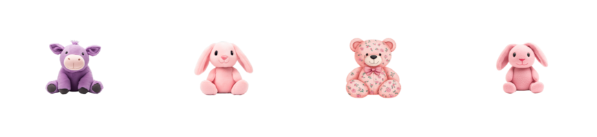 Cute plush cow, rabbit, bear, and pig on clear background png