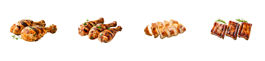 Grilled chicken and ribs arranged on a transparent background png