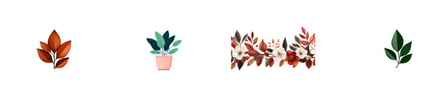 Leafy designs with varying shapes and colors on transparent background png