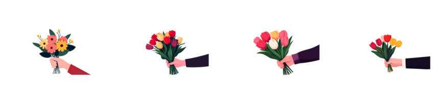 Different flower bouquets held by hands in various styles png