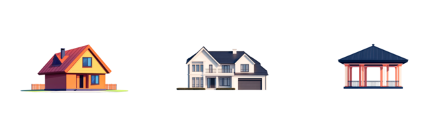 Different styles of houses and a gazebo with transparent background png