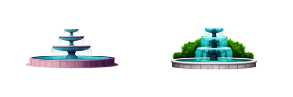 Decorative fountains with flowing water in vibrant designs png