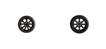Black car wheels on a transparent background in a studio setting png