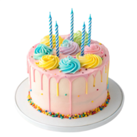 Frosted Layer Cake With Colorful Rosettes, Dripping Icing Blue Striped Candles png