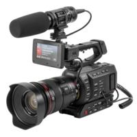 Professional Camcorder with Lens and Microphone Setup, Close Up, Detailed View png