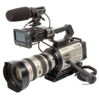 Professional Broadcast Camcorder With Microphone, Long Lens, and Monitor Details png