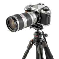 Silver DSLR Camera with Long Lens Mounted on Tripod png
