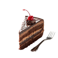 Chocolate Cake Slice with Cherry Topping and Fork Dessert png