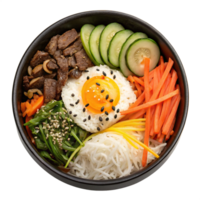 Bibimbap Bowl with Beef, Rice, Vegetables, Fried Egg, Carrots and Cucumber, png