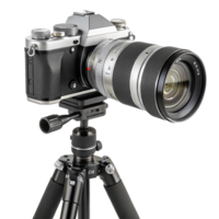 Silver Camera with Zoom Lens on a Black Tripod Setup png