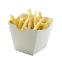 A transparent paper box filled with golden, crispy French fries on a clean surface, transparent paper box for french fries png