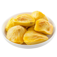 Freshly cut jackfruit pieces arranged on a transparent plate, showcasing vibrant yellow hues isolated on a clean background, Jackfruit in transparent plate isolated on transparent background png