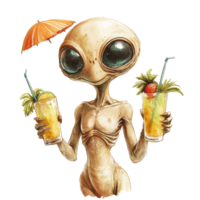 An extraterrestrial being enjoying tropical drinks under a summer sun with a cheerful vibe, Summer Vibe Extraterrestrial Being with Tropical Drinks On transparent background png