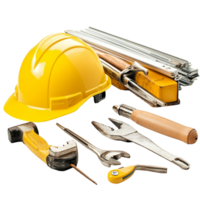 Construction tools and a safety helmet arranged neatly on a table with a transparent background showcasing essential equipment for building projects, Construction tools with safety helmet png