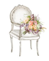 Watercolor illustration of a romantic bridal bouquet lying on a chair. Hand drawn wedding florist arrangement for invitations for celebration decor. Elegant floral design in soft tones. png