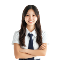 Happy Asian student in school uniform with arms crossed, smiling confidently in a bright setting, Happy pretty Asian student girl in school uniform isolated transparent background png