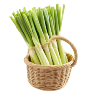 Freshly sliced lemongrass arranged in a woven basket on a clean transparent background for culinary use, slice lemongrass in basket isolated on transparent background png
