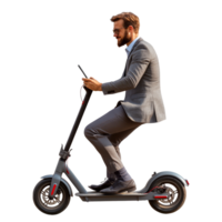 A businessman rides a scooter for convenient urban travel during the day in a modern city setting, file no background Businessman riding a scooter and using his smartphone png