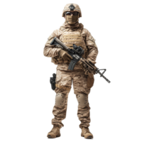 Fully geared soldier stands confidently with a rifle against a plain transparent background during daytime training session, Fully Geared Soldier Holding Rifle on transparent background png