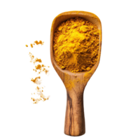 Turmeric powder in a wooden scoop displayed on a clean transparent backdrop highlighting its vibrant color and texture, Turmeric powder in wood scoop on transparent background png