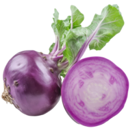 Fresh purple kohlrabi with vibrant green leaves isolated on a transparent background for culinary use and recipes, Purple kohlrabi isolated on transparent background png