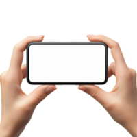 Hands holding a horizontal mobile smartphone mockup against a plain transparent background for design presentations, Horizontal screen in hands. Mobile smartphone mockup in hands isolated on png