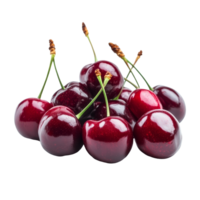 Fresh cherries gathered together on a transparent background highlighting their vibrant color and shiny texture, Multiple cherries isolated transparent background png