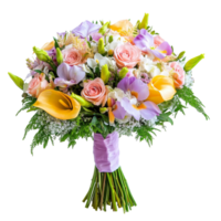 Bridal bouquet featuring complement color flowers in transparent hues for a spring wedding, bridal bouquet consists from complement color flower, isolated transparent background png