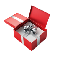 A beautifully wrapped red gift box with a silver ribbon opened to reveal a surprise inside, Red open gift box with silver ribbon png