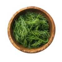 Fresh dill herbs in a wooden bowl displayed against a clean transparent background for culinary use, Fresh dill in wood bowl isolated on transparent background png