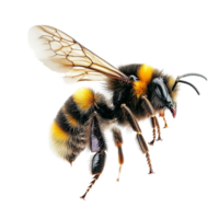 A beautiful bumblebee in midflight captured in stunning macro detail against a clean transparent backdrop, a stunning bumblebee is flying, macro shotisolated transparent background png