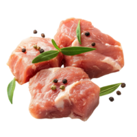 Raw pork pieces with fresh herbs and black pepper on a clean transparent background for culinary uses, Raw pork isolated on transparent background png
