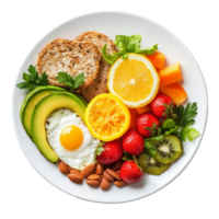 Healthy breakfast bowl featuring fruits, vegetables, nuts, and whole grains on a transparent background, Healthy Meal Isolated on transparent background png