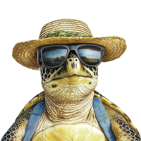 A cheerful turtle wearing a straw hat and sunglasses enjoying a sunny summer day at the beach, Summer Vibe Turtle with Hat and Sunglasses on transparent background png