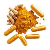 Turmeric powder and capsules arranged on a transparent background for health and wellness benefits, Turmeric powder and turmeric capsules on transparent background png