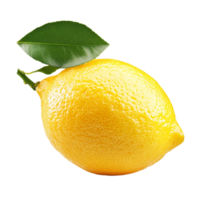 Fresh lemon with vibrant green leaf isolated against a clean transparent background for culinary and decorative use, Lemon with leaf isolated on transparent background png